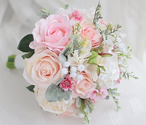 Handmade White, Green, Champagne and pink wedding bouquet