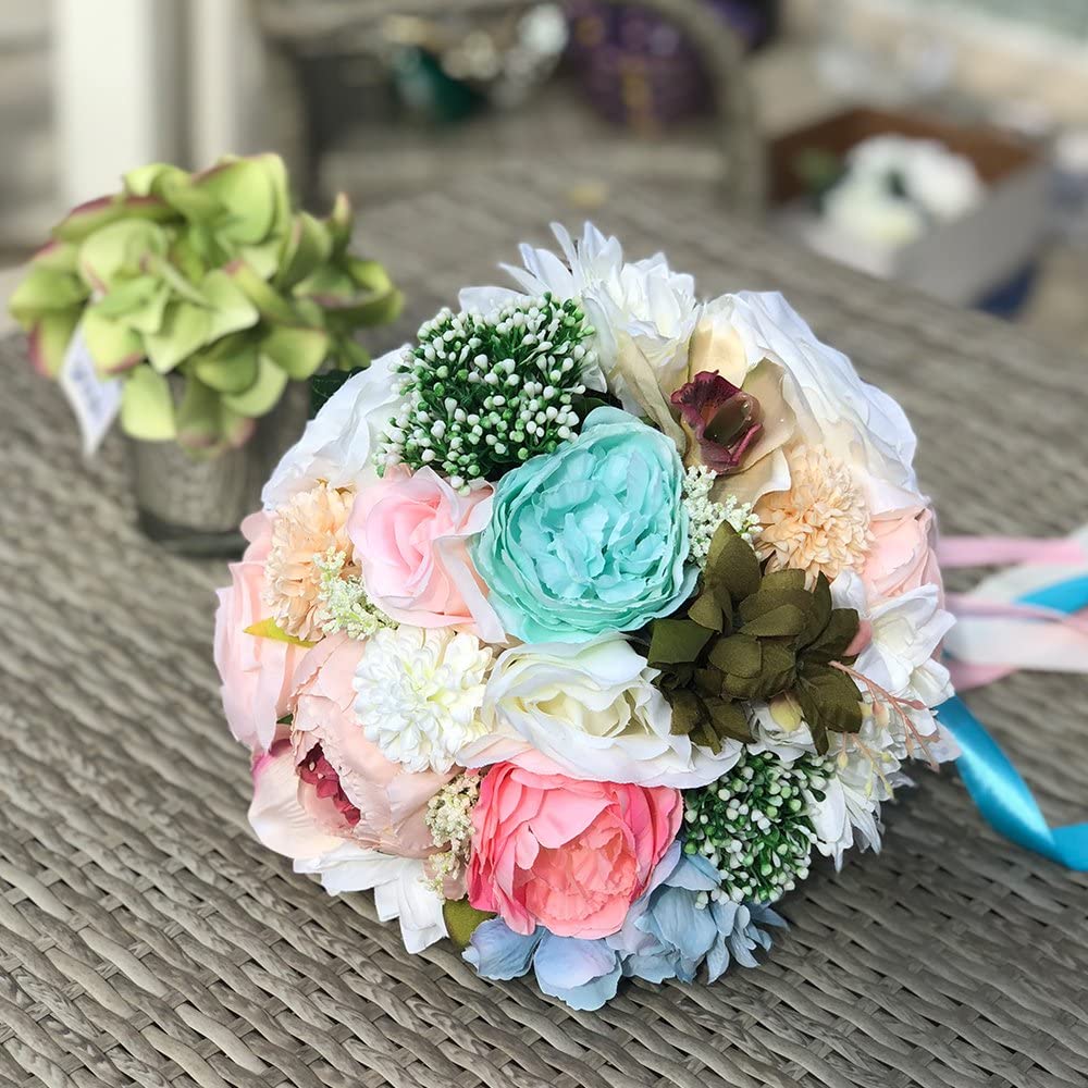 Gorgeous Blue, Pink, Champagne and Green Bridal Bouquet
