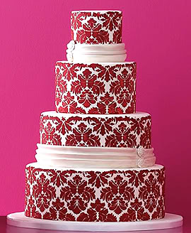 summer wedding cake, red wedding cake, red and white wedding cake, red damask wedding cake