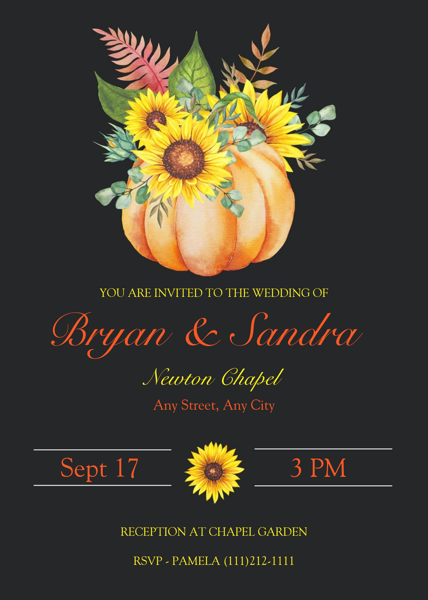 Sunflower and Pumpkin Fall Black Wedding Invitation