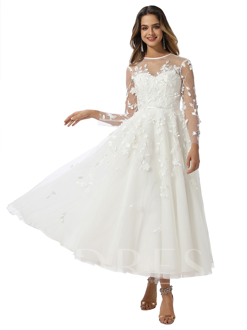 tea length bridal gown, tea length wedding dresses, Long Sleeves Appliques Tea-Length Wedding Dress