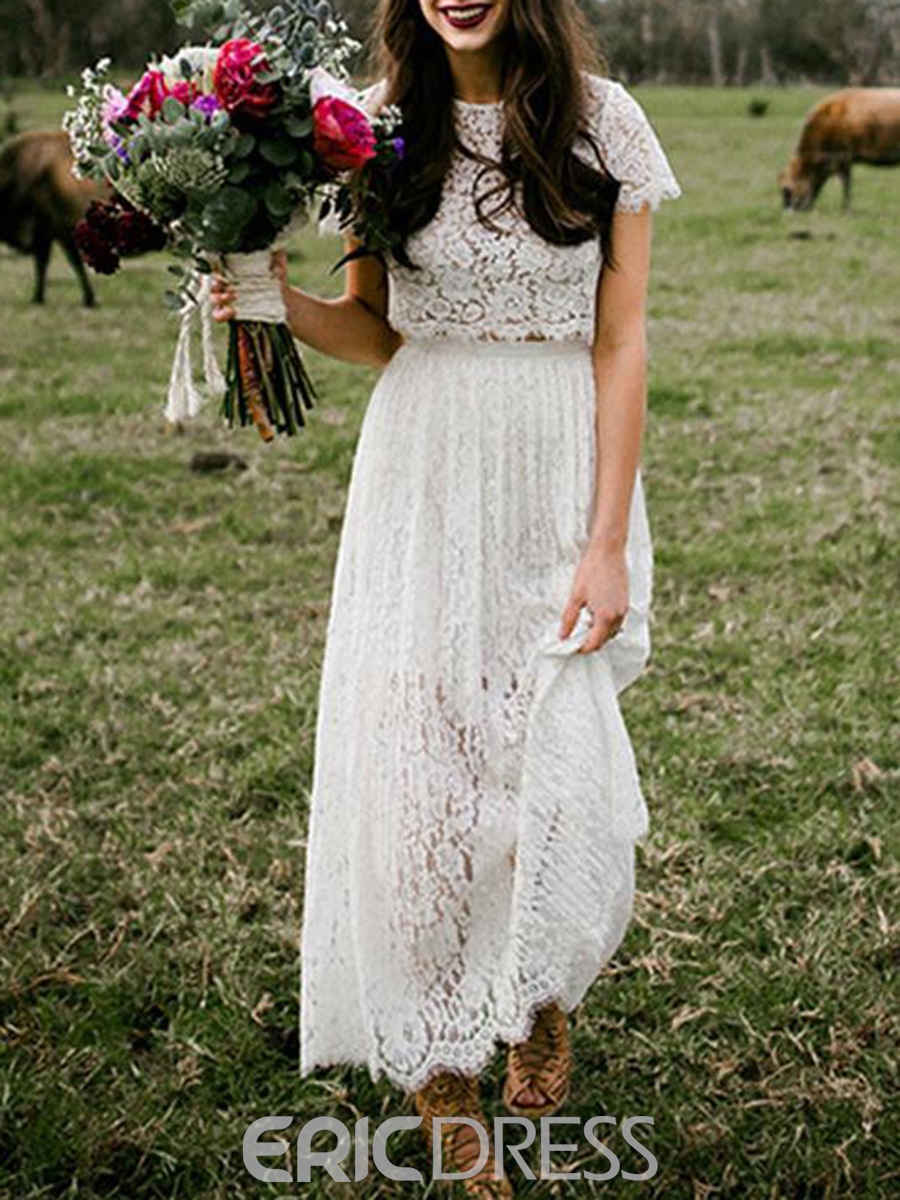 tea length bridal gown, tea length wedding dresses, Lace Tea-Length Beach Wedding Dress