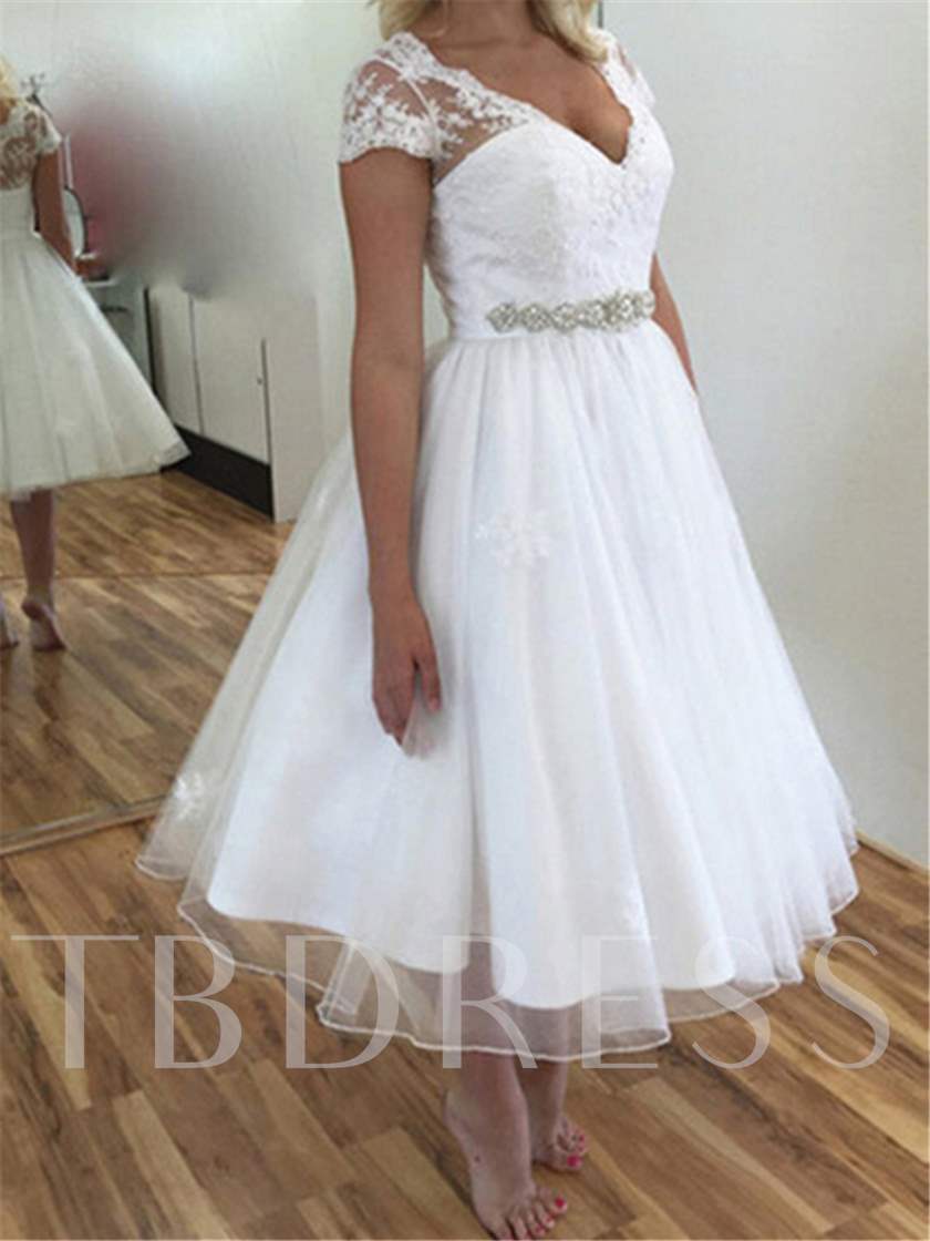 tea length bridal gown, tea length wedding dresses, Short Sleeve Appliques Tea-Length Beach Wedding Dress