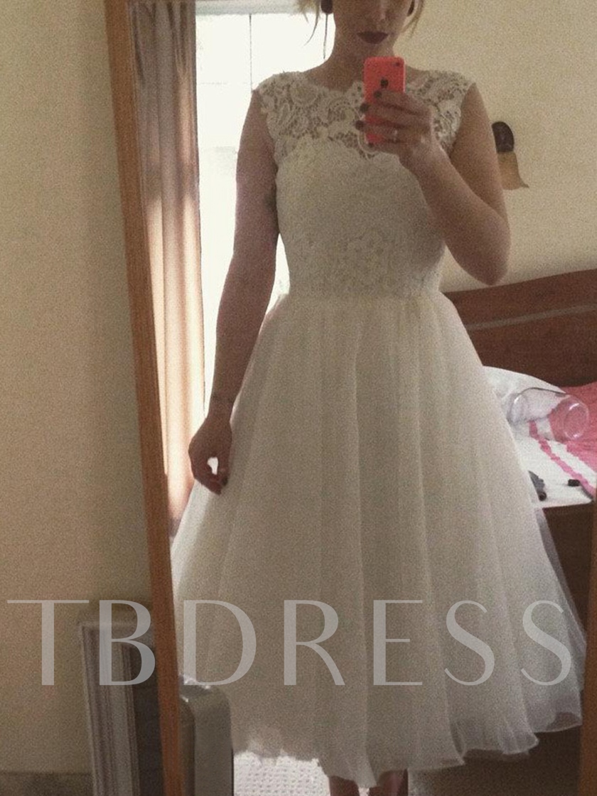 Tea Length Bridal Gown, tea length wedding dresses, Button Lace Tea-Length Beach Wedding Dress