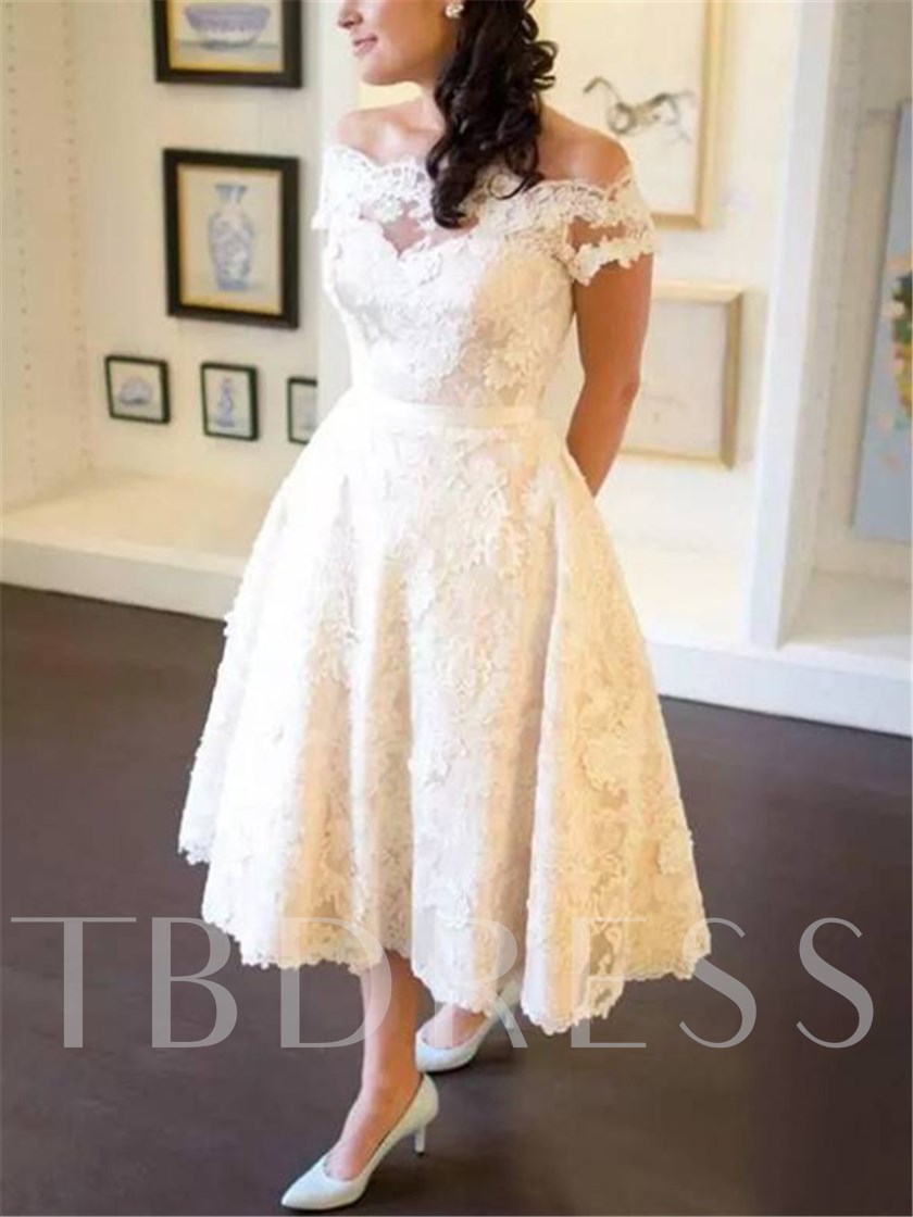 tea length bridal gown, tea length wedding dresses, Appliques Tea-Length Beach Wedding Dress