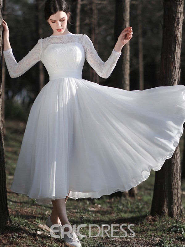 tea length Bridal Dress, tea length wedding dresses, Long Sleeves Tea-Length Beach Wedding Dress