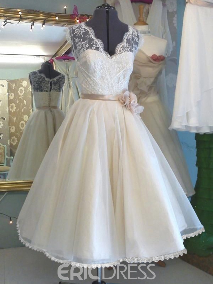 tea length bridal gown, tea length wedding dresses, Lace Flowers Tea Length Beach Wedding Dress