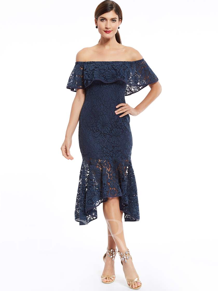 tea length bridal gowns, blue tea length bridal gown, Off-The-Shoulder Lace Mermaid Evening Dress