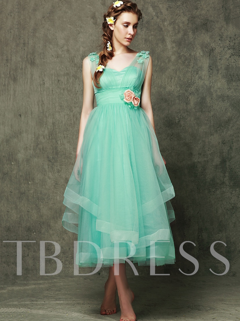 tea-length bridesmaid gowns, turquoise tea length bridesmaid gowns, V-Neck Tea-Length Flowers Tulle Bridesmaid Dress