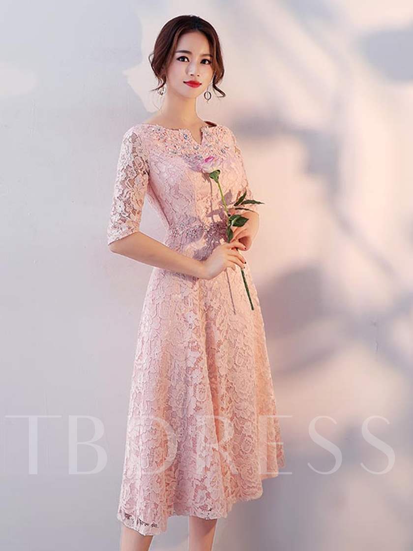 tea-length bridesmaid gowns, pink tea length bridesmaid dresses, 
V-Neck Half Sleeve Beading Lace Bridesmaid Dress