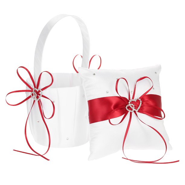 Double Heart Satin Ring Bearer Pillow and Wedding Flower Girl Basket Set