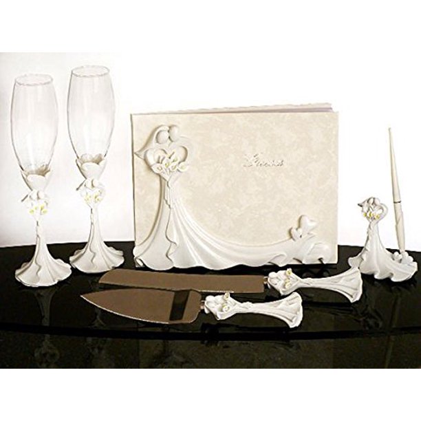 Bride and Groom Calla Lilys Wedding Set: Guest Book, Pen Set, Cake Serving Set, Toasting Flutes