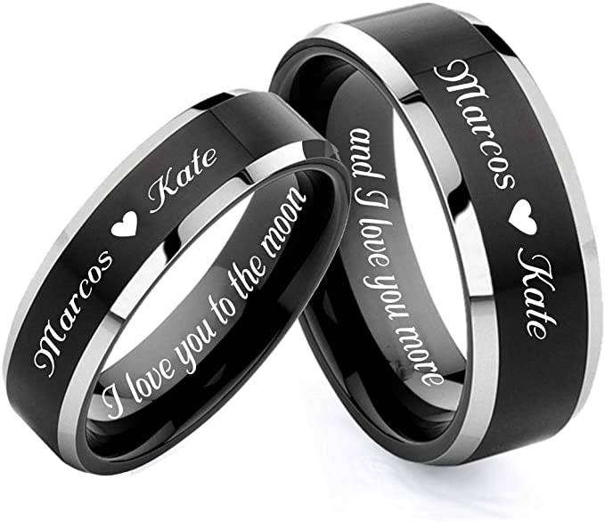 Personalized Wedding Band Black & Silver Two Tone Ring Couples Ring Set Custom Engraved. unusual wedding rings, unique wedding rings, engraved wedding rings
