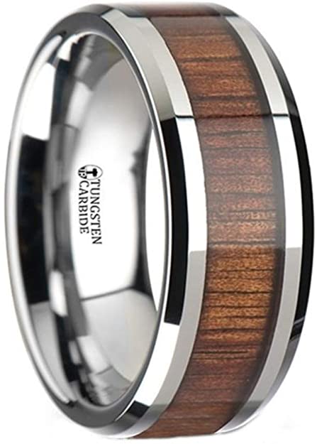 Tungsten Carbide Wedding Ring Band with Koa Wood Inlay and Polished Beveled Edges. unusual wedding rings, unusual wedding bands, wood wedding rings