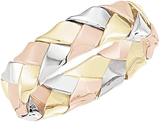 unusual wedding rings, unusual wedding bands, 14k Yellow, White and Rose Pastel Gold 5.5mm Hand Woven Wedding Band
