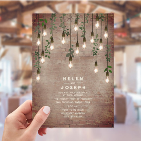 Vintage Lightbulbs Rustic Brick Botanical Wedding Invitation