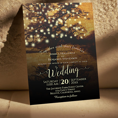 Vintage Parchment Fall Tree Lights Rustic Wedding Invitation