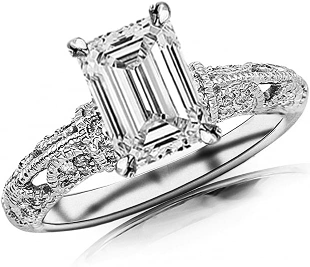 vintage style wedding rings, vintage style diamond rings, Vintage Pave Set Milgrain Emerald Cut Diamond Engagement Ring , vintage wedding rings, vintage diamond rings