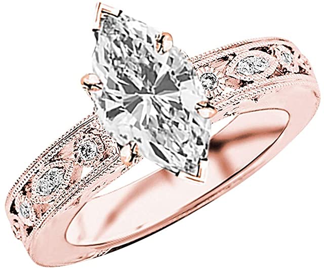 vintage style wedding rings, vintage style diamond rings, 1 Carat 14K White Gold Antique/Vintage Bezel Set Designer Diamond Engagement Ring With Milgrain Marquise Shape, vintage diamond rings