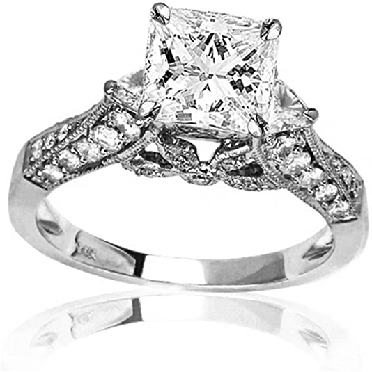 vintage style wedding rings, Princess Cut 14K White Gold Trillian and Round Diamond Engagement Ring, vintage style diamond rings, vintage diamond rings, vintage wedding rings