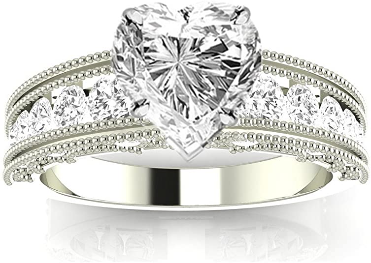 vintage style wedding rings, vintage style diamond rings, 14K White Gold Vintage Milgrain Channel Set Round Heart Shape Diamond Engagement Ring , vintage diamond rings, vintage wedding rings