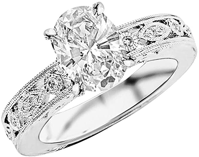 vintage style engagement rings, vintage style wedding rings, 14K White Gold Antique/Vintage Bezel Set Designer Diamond Engagement Ring With Milgrain Oval Shape, vintage wedding rings