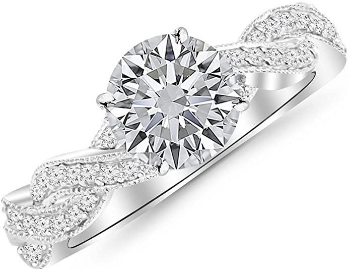 vintage style wedding rings, vintage style diamond rings, 14K White Gold Vintage Eternity Love Twisting Split Shank Round Cut Diamond Engagement Ring, vintage diamond rings, vintage wedding ring