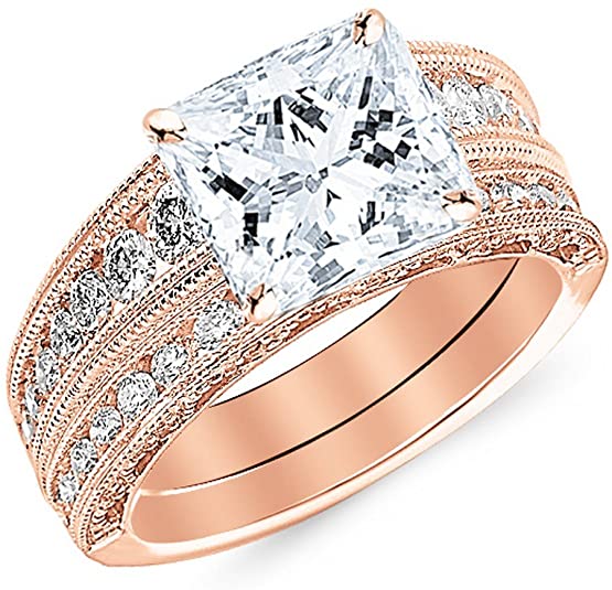 vintage style wedding rings, vintage style diamond rings, White Gold Vintage Milgrain Channel Set Round Princess Cut Diamond Engagement Ring, vintage diamond rings, vintage wedding rings