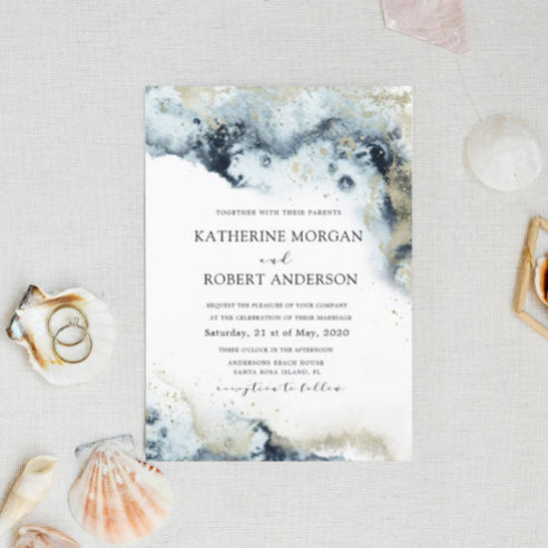 Watercolor Blue and Gold Minimalistic Wedding Invitation