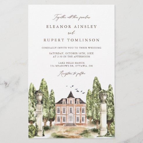 Watercolor English Manor House Wedding Invitation