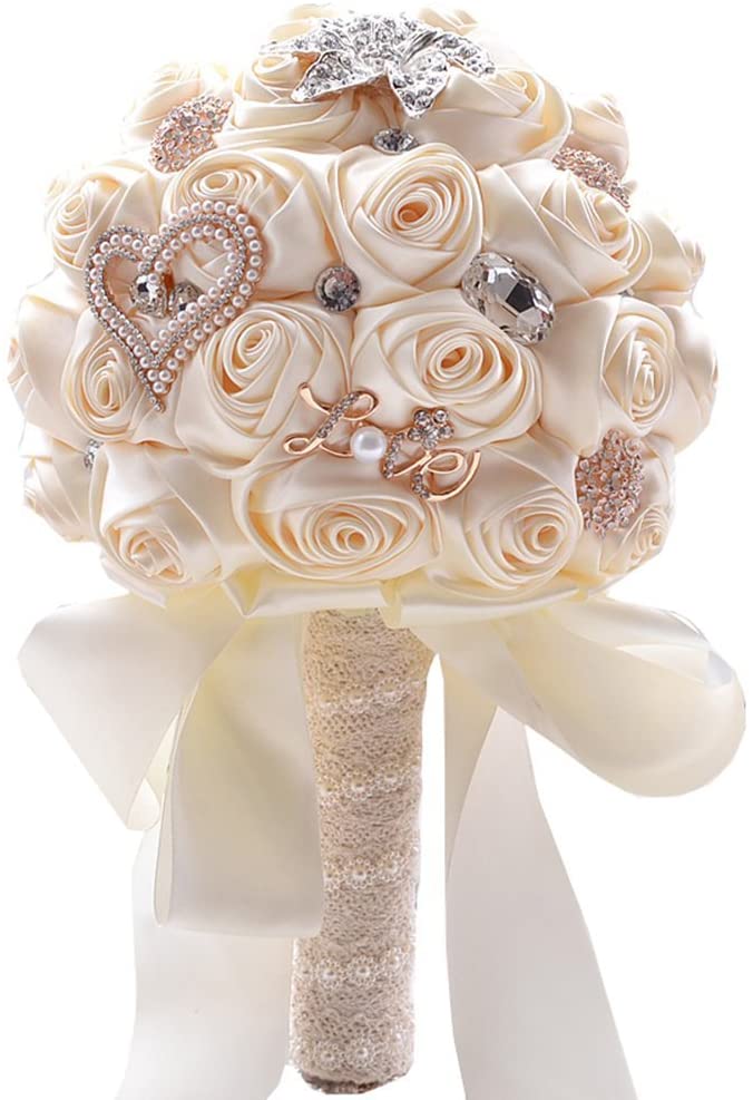 Romantic Wedding Bouquet with Champagne Roses with Diamond, Pearl and Ribbon
