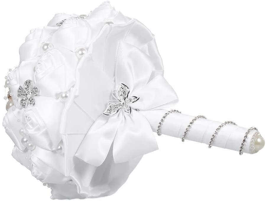 White Roses Bridal Bouquet with Crystal and Pearl Jewelry