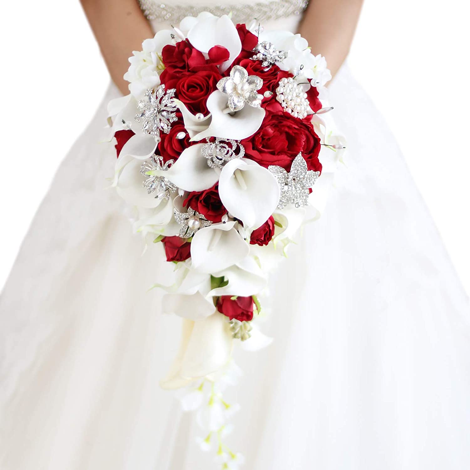 Red and White Calla Lily and rose Artificial Wedding Bouquet With Diamonds and Pearls
