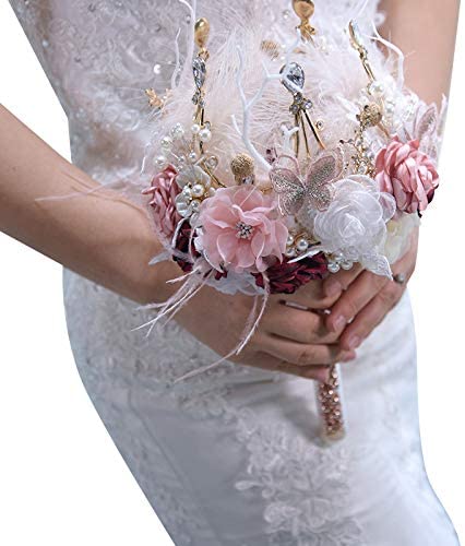 Pink and White Wedding Bridal Bouquet With Crystals and Feathers