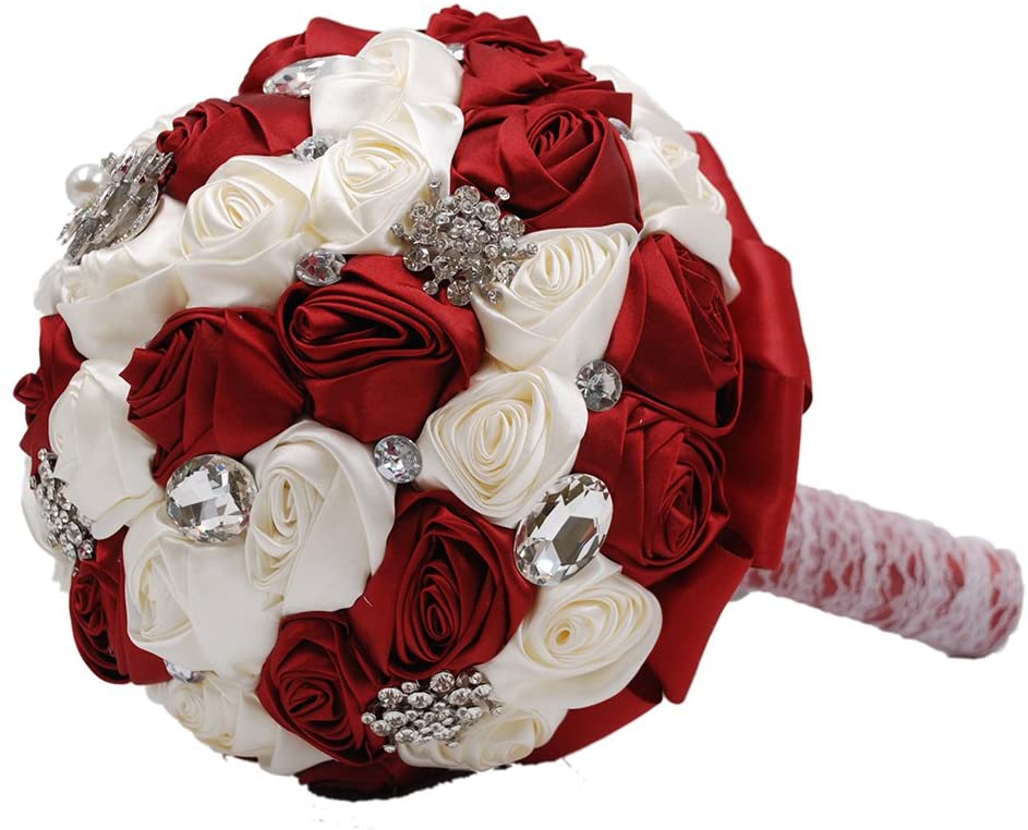 Ivory and Burgundy Silk Bridal Bouquet with Crystal and Rhinestones