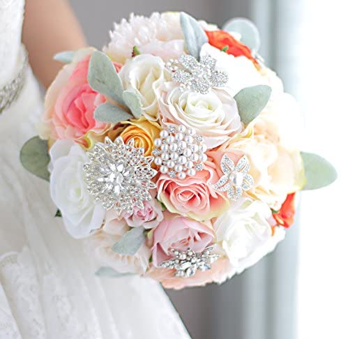 Bride Holding Coral, Pink and White Bridal Bouquet With Jewelry