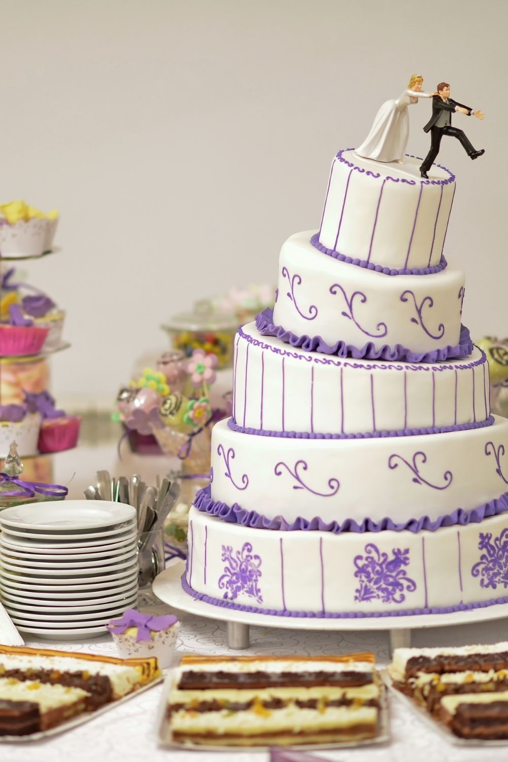 modern and fun purple and white wedding cake
