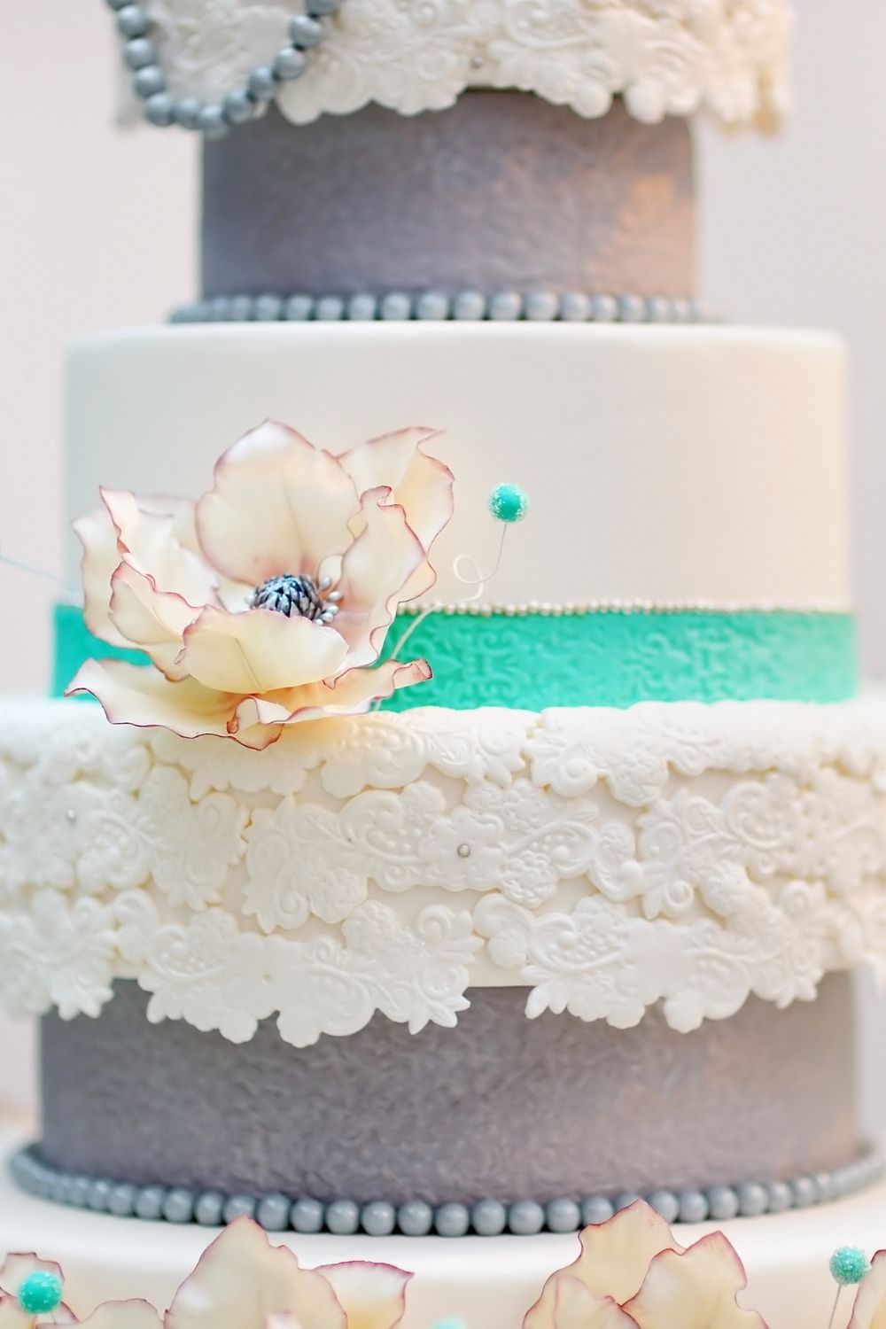 aqua blue, gray and white wedding cake