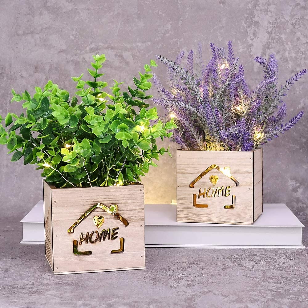 Artificial Plants with Led String Lights in a Decorative Wooden Box