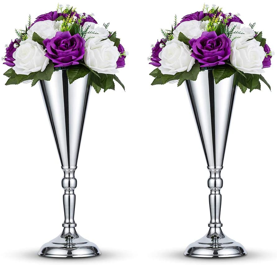 2 Pcs Tabletop Silver Metal Wedding Flower Trumpet Vase