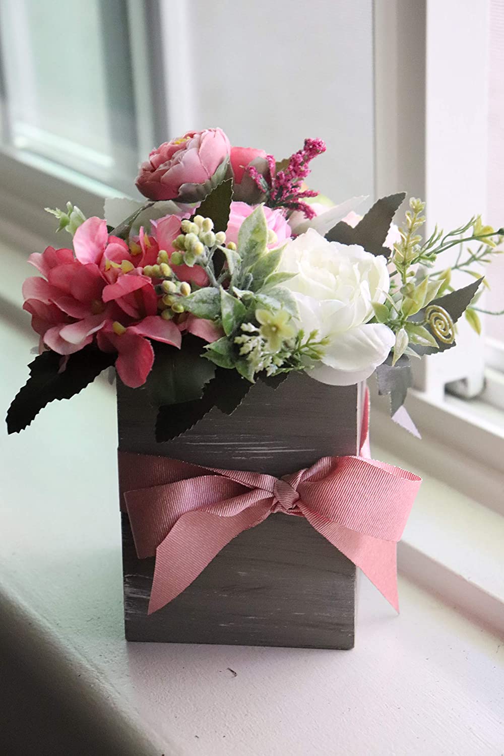 Rustic centerpiece with silk flowers in square wooden box