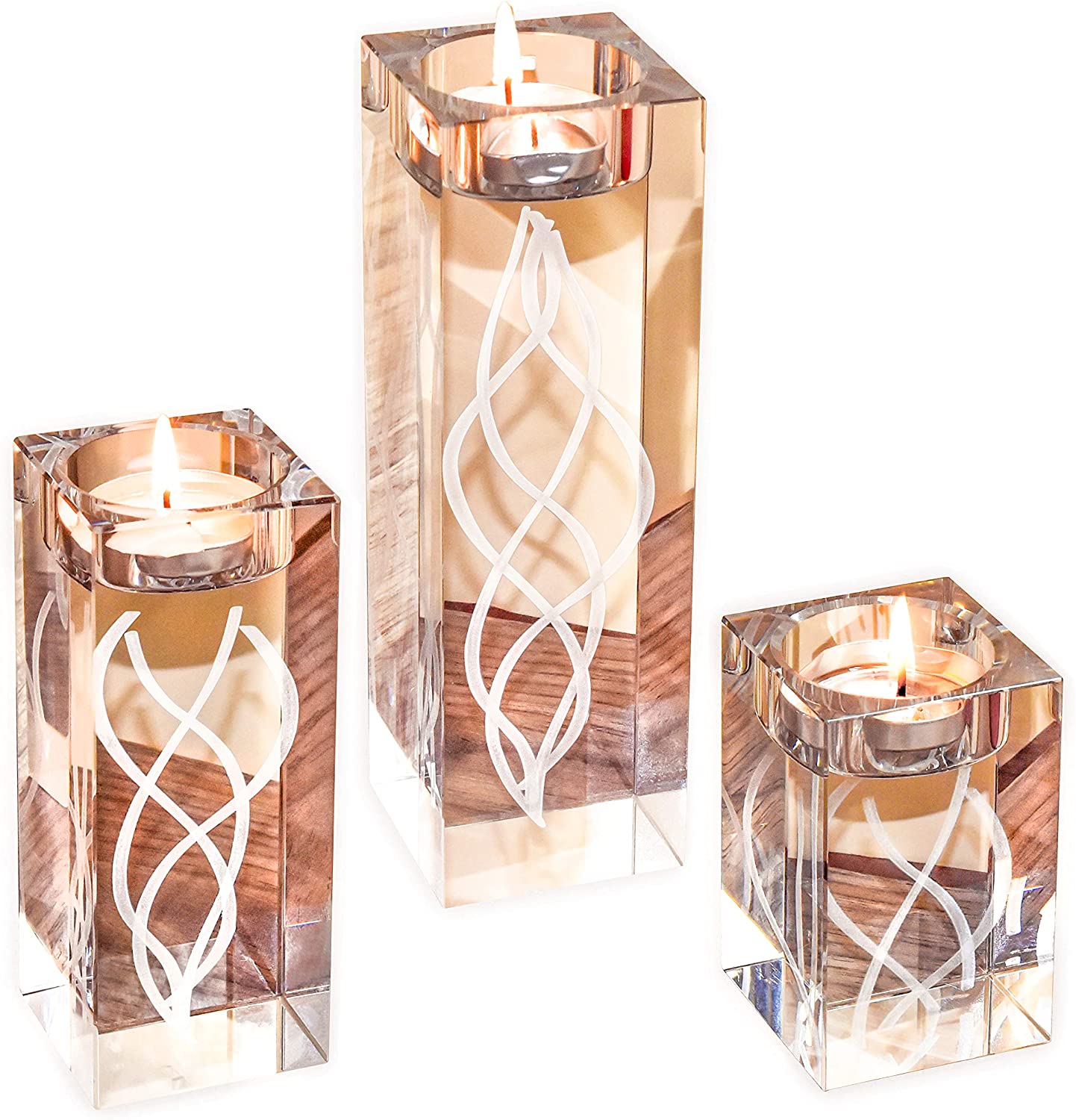 Amazing Home Engraved Large Crystal Candle Holder Set of 3 Elegant Pillar & Votive Tealight Table Centerpieces