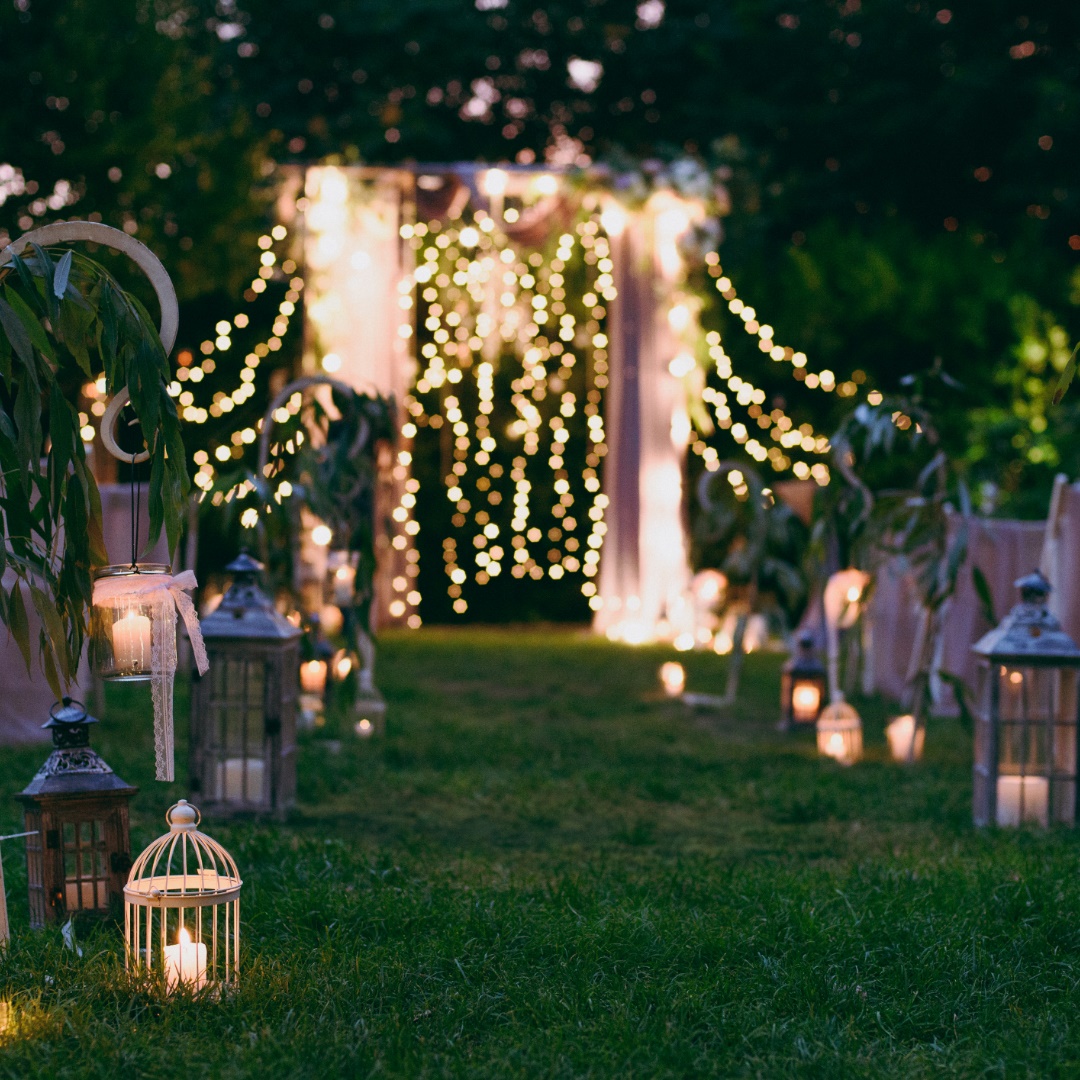 Wedding Ceremony, Wedding Ceremony Ideas, Outdoor Wedding Ceremony With String Lights