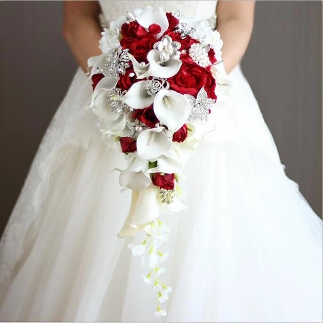 wedding ceremony site, Elegant Red and White Waterfall Bridal Bouquet, red and white bridal bouquet, red and white wedding bouquet