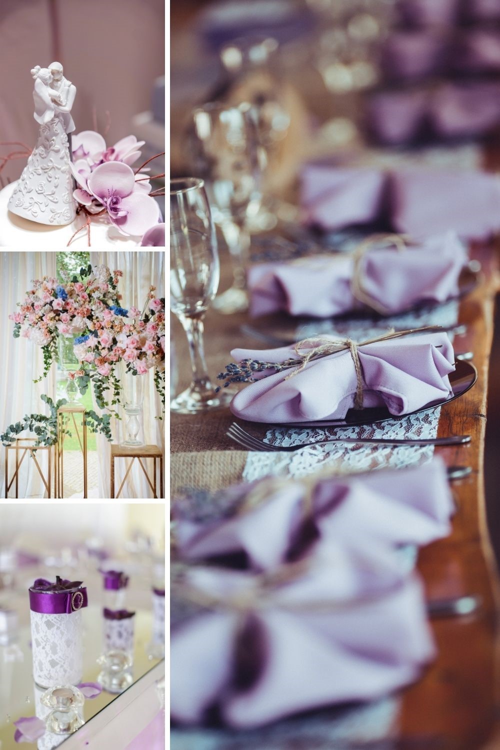 wedding ceremony site, wedding decorations, pink and purple weddings, pink and purple wedding collage