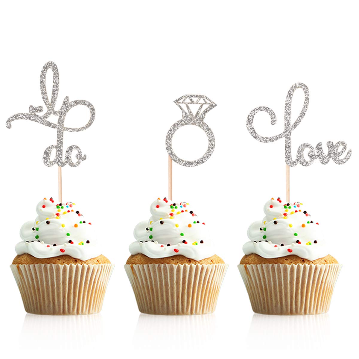 Silver Glitter Diamond Ring Cupcake Toppers Love I Do Cake Picks
