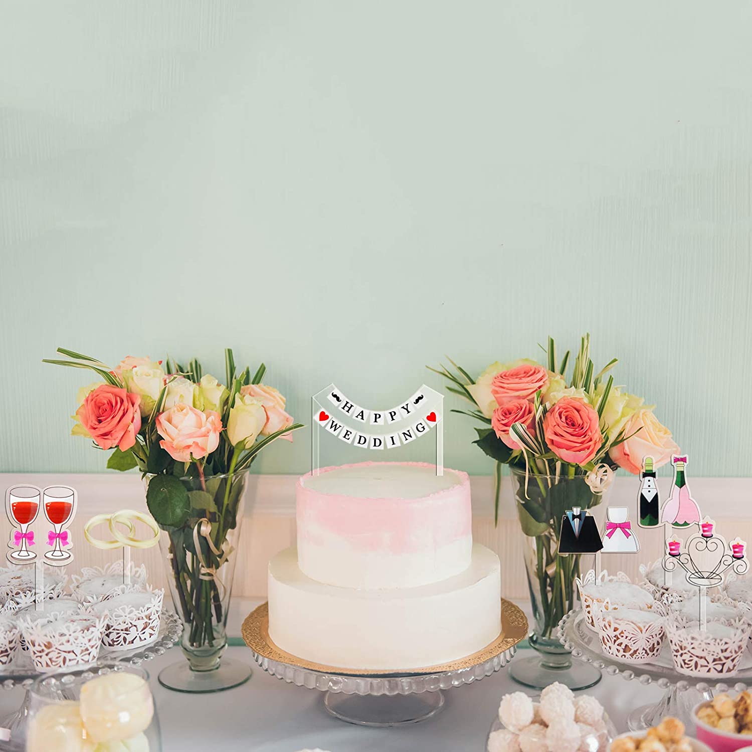 Happy Wedding Cake Topper with Cupcake Toppers