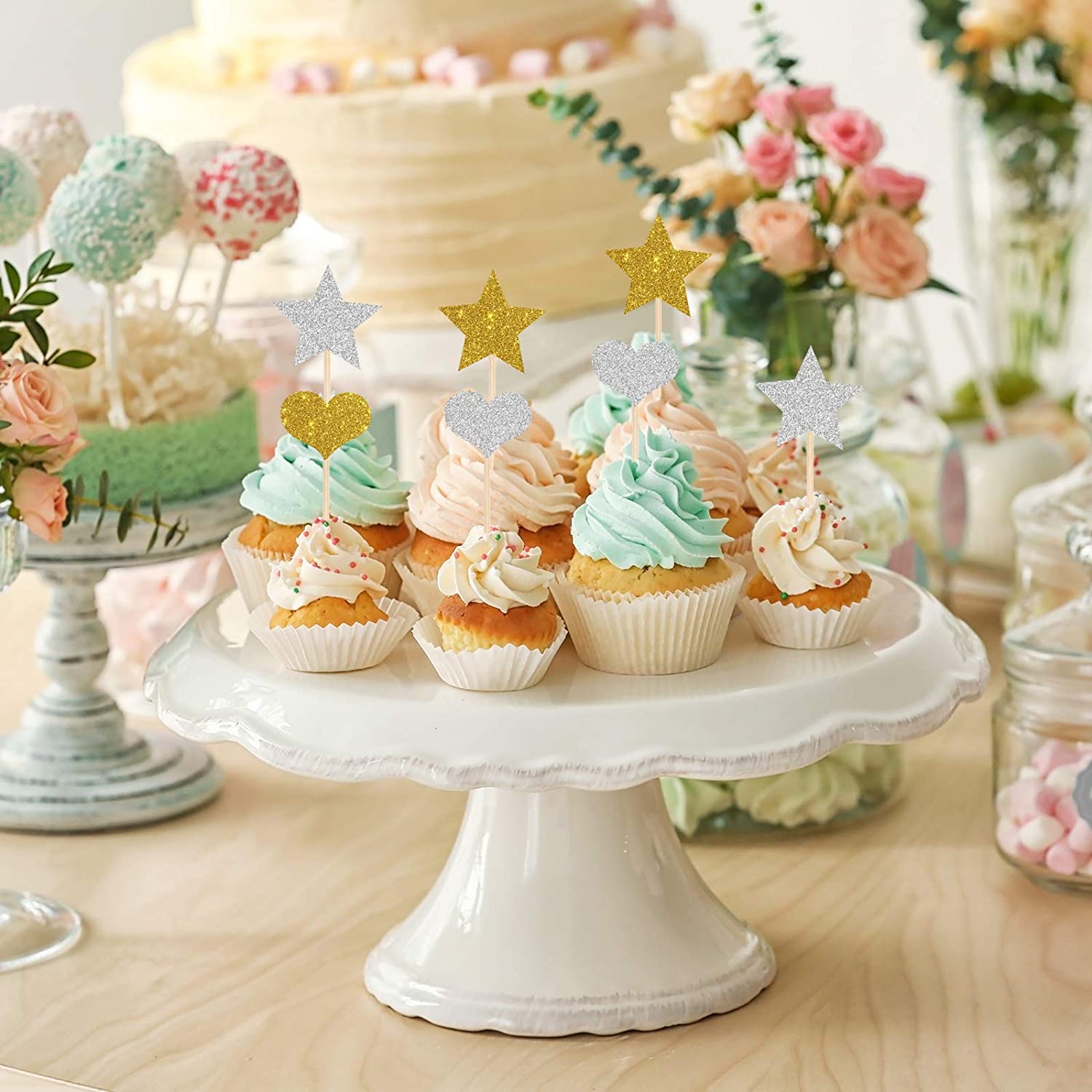 Glitter Stars and Hearts Cupcake Toppers