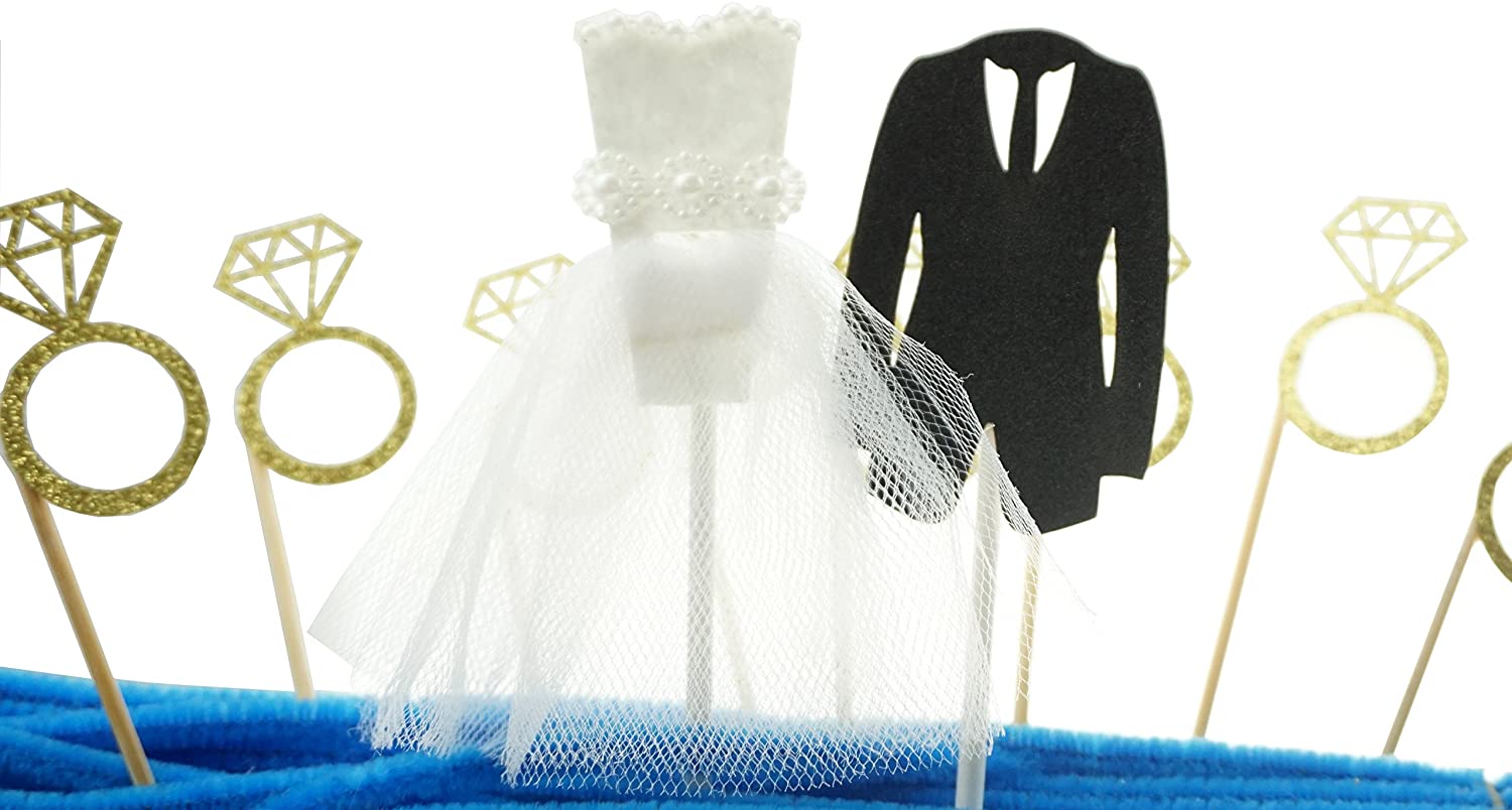Glitter Diamond Ring Wedding Dress and Suit Cupcake Toppers