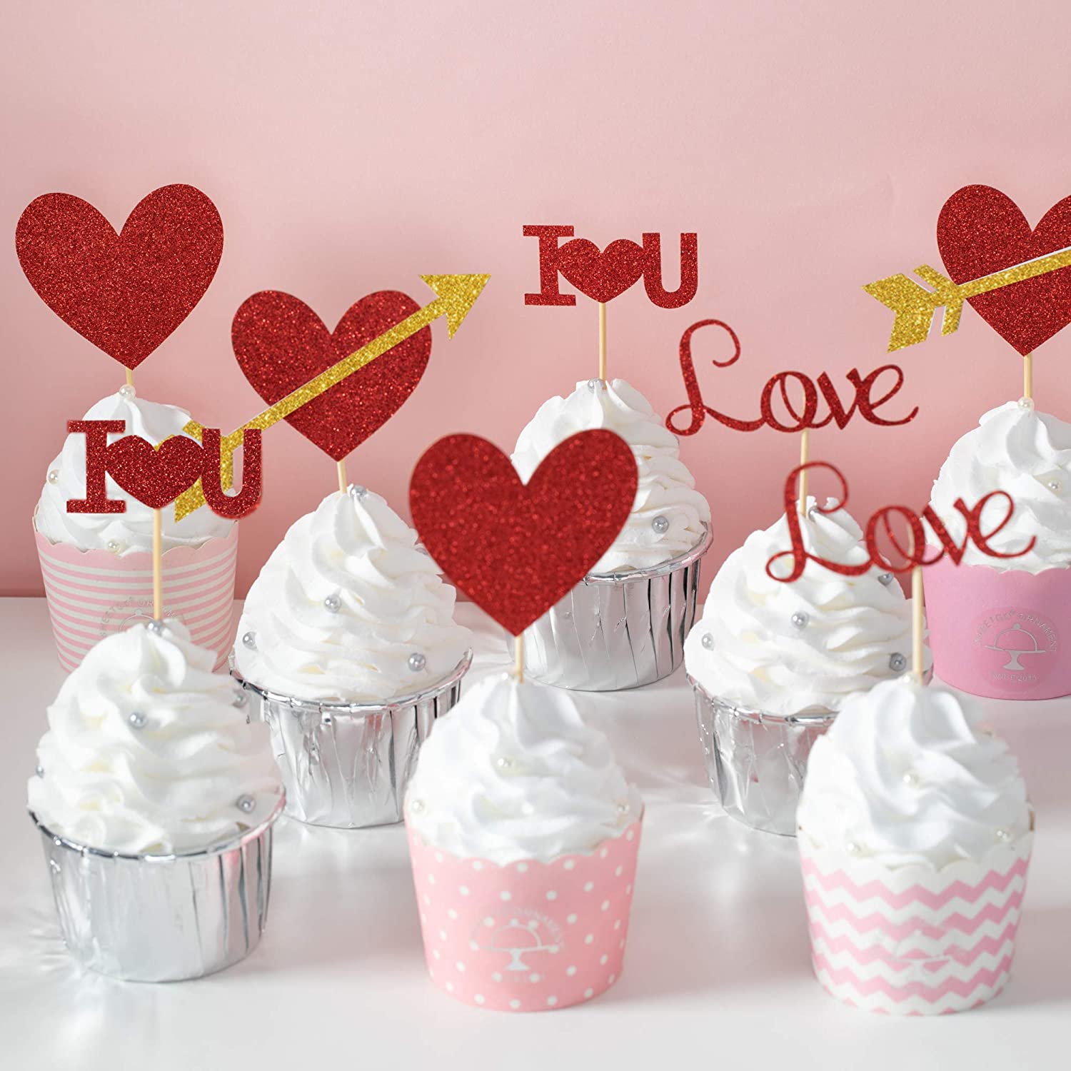 Glitter Red Heart Cupcake Toppers